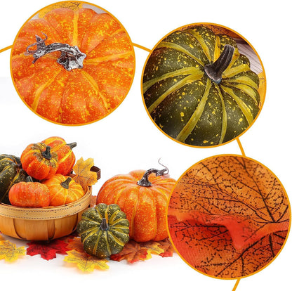 38 PCS Assorted Artificial Pumpkin Set, 8PCS Stacking Pumpkins with 30PCS Maple Leaves for Fall Harvest Home Thanksgiving Halloween Decor