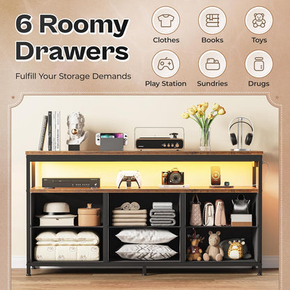 Rustic Black LED TV Stand with Storage for 43 to 55 Inch TVs, 47 Inch Dresser Entertainment Center Featuring Power Outlets and 6 Drawer Fabric Dresser for Living Room