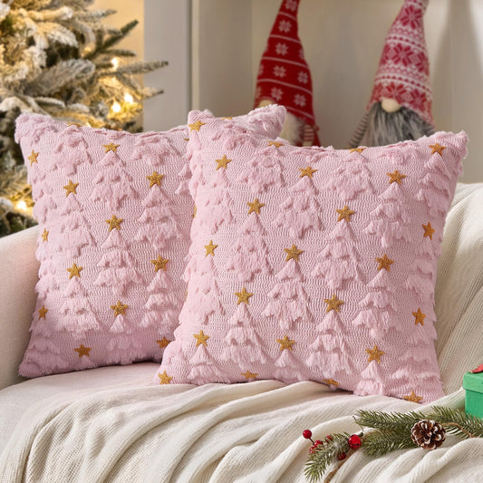 Christmas Pillow Covers 18X18 Inch Set of 2, Pink Christmas Tree Plush Faux Fur Pillowcases Soft Decorative Throw Pillow Cases for Couch Sofa Living Room Winter Xmas Holiday Home Decor