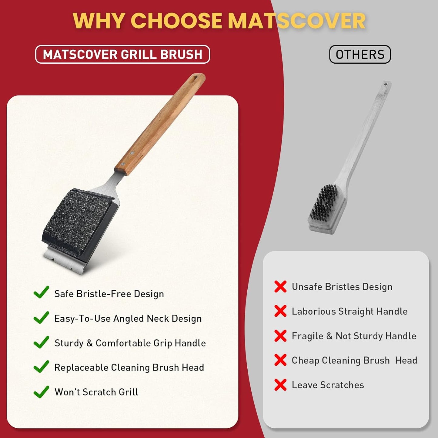 Grill Brush BBQ Cleaner Brush - Barbecue Brush for Outdoor Grill with 1 PCS Replacement Cleaning Head, Grill Cleaning Brush Bristle Free with Stainless Steel Scraper & Wooden Handle for Most Grate