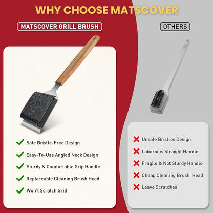 Grill Brush BBQ Cleaner Brush - Barbecue Brush for Outdoor Grill with 1 PCS Replacement Cleaning Head, Grill Cleaning Brush Bristle Free with Stainless Steel Scraper & Wooden Handle for Most Grate