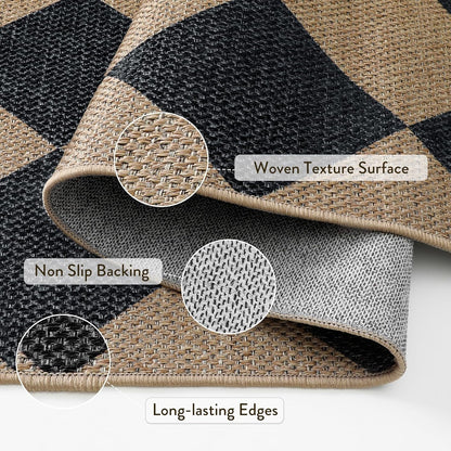 Checkered Easy Jute 3X5 Outdoor Patio Rug, Washable Rugs for Entryway Diamond Indoor Outdoor Living Room Carpet, Farmhouse Neutral Non Slip Black Door Carpet for Backyard Bedroom