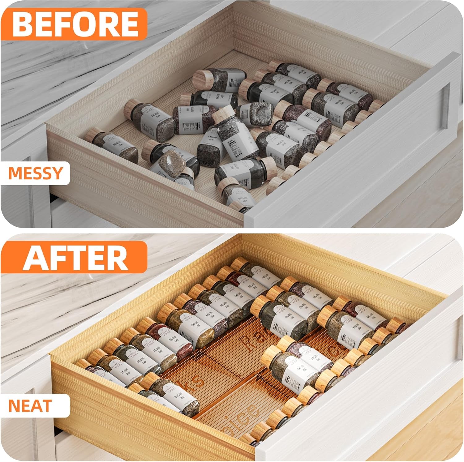 Spice Drawer Organizer, 2 Tier- 2 Pack Amber Acrylic Drawer Seasoning Organizer, Expandable from 11'' to 22'' Kitchen Spice Rack Organizers and Storage for Drawer (Jars Not Included)