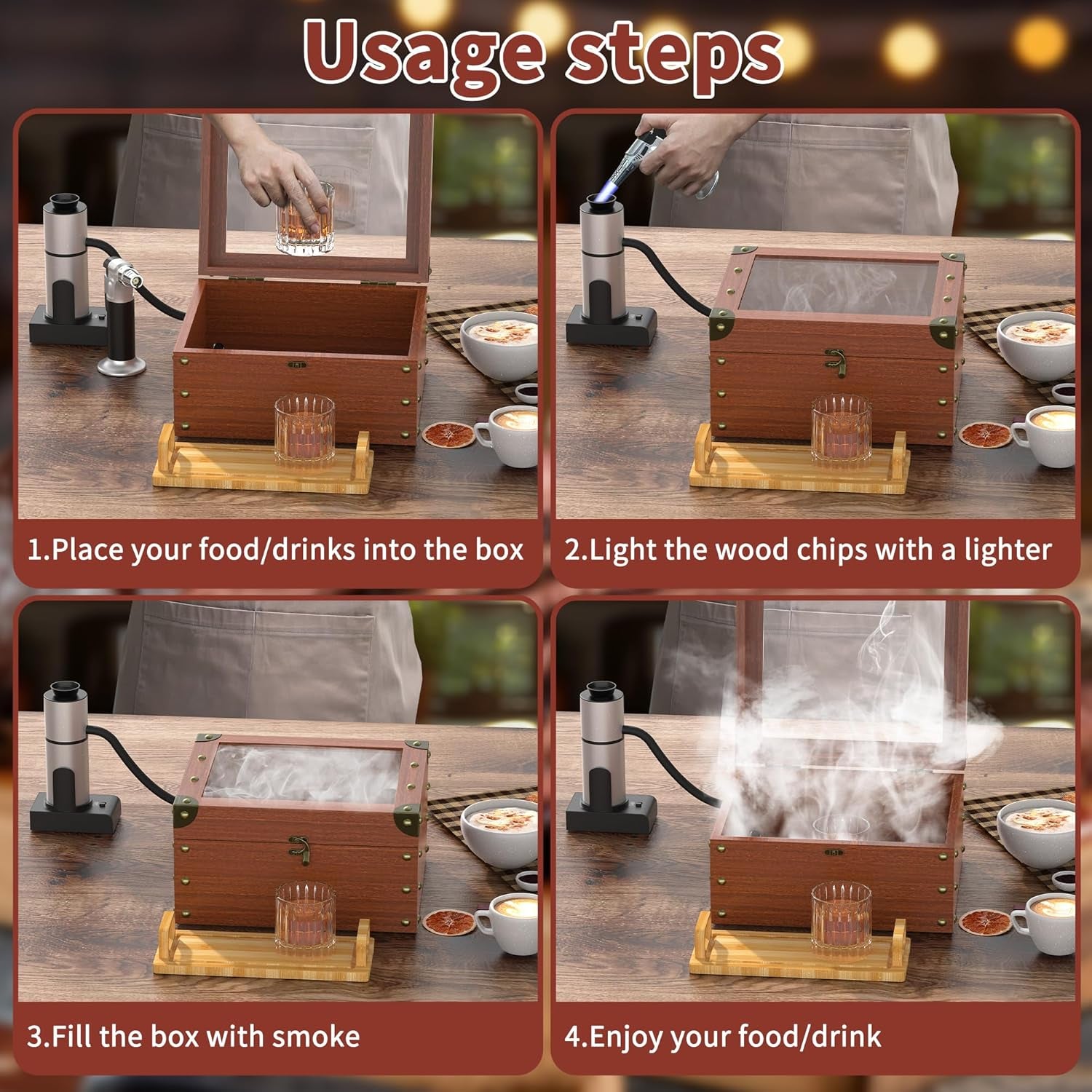 Cocktail Smoking Kit with Torch, Food Tray, and Apple & Cherry Wood Chips - Whiskey Infuser Set for Old Fashioned Drinks - Ideal Bourbon Gifts for Men (Excludes Butane and Cup)