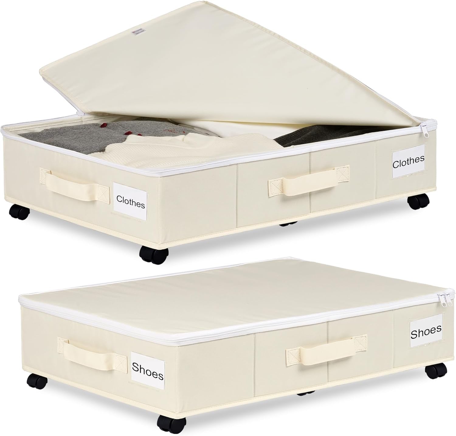 Under Bed Storage with Wheels, 2 Pack under Bed Storage Containers with Label Holders for Clothes, Shoes and Blankets, Rolling Underbed Shoe Organizer with Cover, Beige (30.71X15.7X7.28 In)