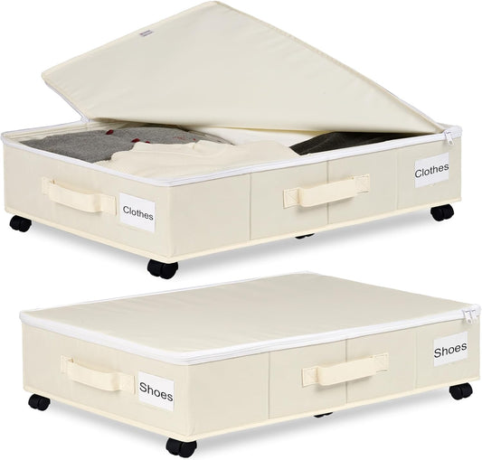Under Bed Storage with Wheels, 2 Pack under Bed Storage Containers with Label Holders for Clothes, Shoes and Blankets, Rolling Underbed Shoe Organizer with Cover, Beige (30.71X15.7X7.28 In)