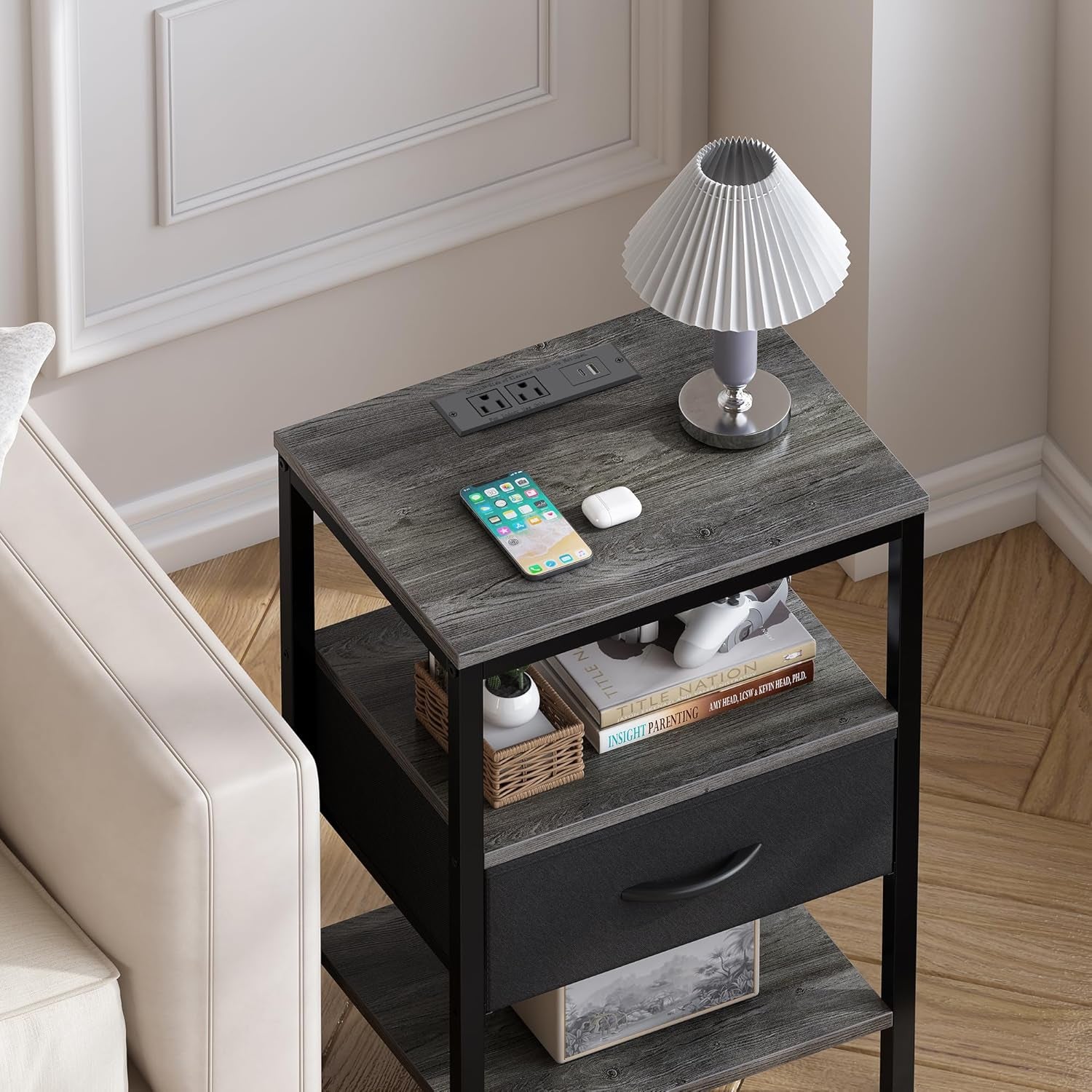 Charcoal Gray Nightstand with Charging Station and Adjustable Fabric Drawer, 3-Tier Storage End Table for Bedroom and Living Room