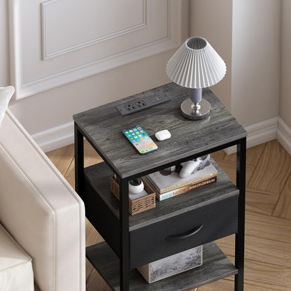 Charcoal Gray Nightstand with Charging Station and Adjustable Fabric Drawer, 3-Tier Storage End Table for Bedroom and Living Room