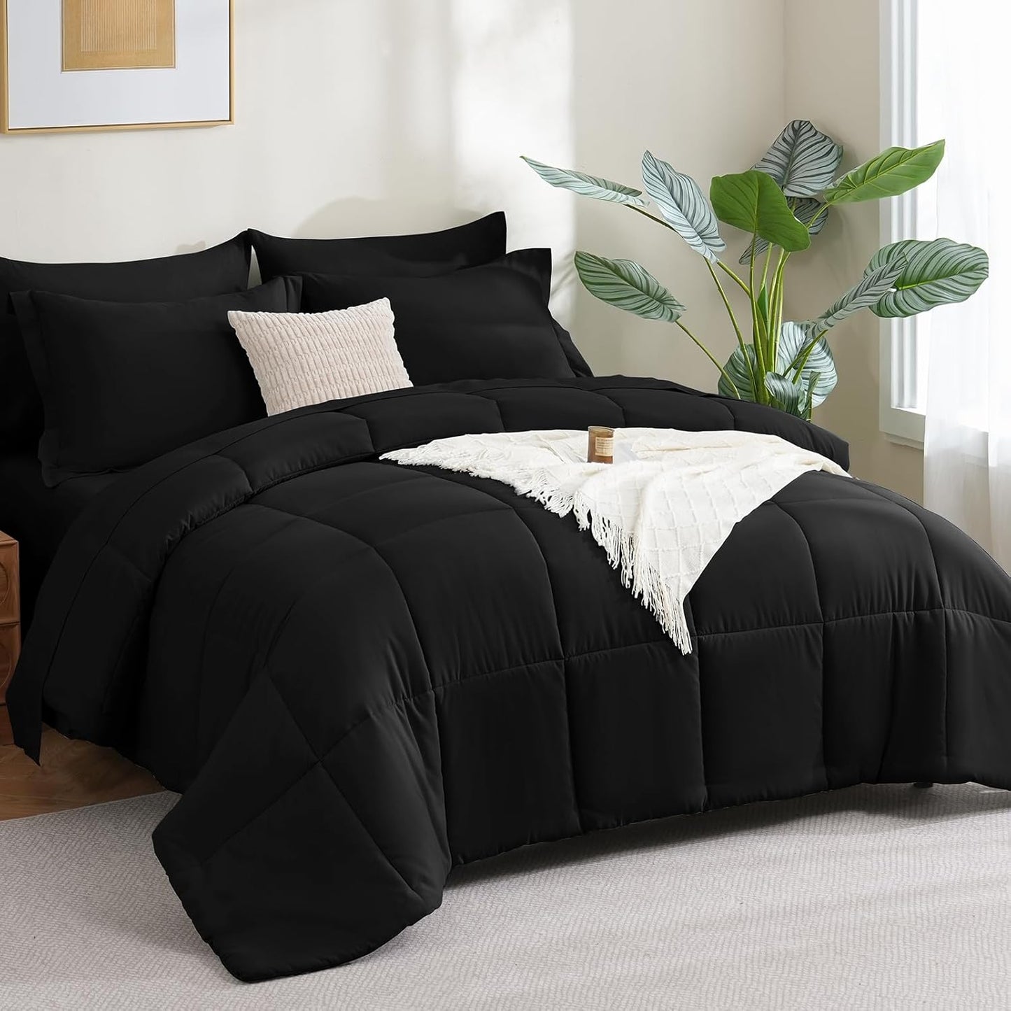 Black Queen Comforter Set with Sheets - 7 Pieces Bed in a Bag Queen Bedding Sets, All Season Soft 7PC Bed Set with Black Comforter, Flat Sheet, Fitted Sheet, Pillowcases & Pillow Shams