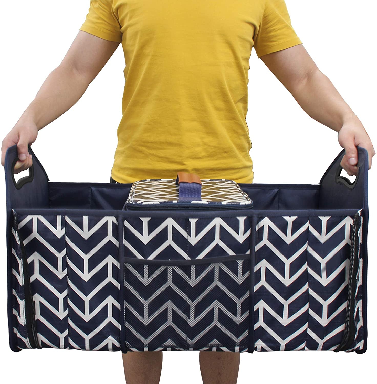 Foldable Car Trunk Organizer and Insulation Cooler Bag with Collapsible Design and Three Compartments for SUV Storage, Navy Blue