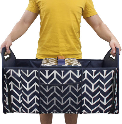 Foldable Car Trunk Organizer and Insulation Cooler Bag with Collapsible Design and Three Compartments for SUV Storage, Navy Blue