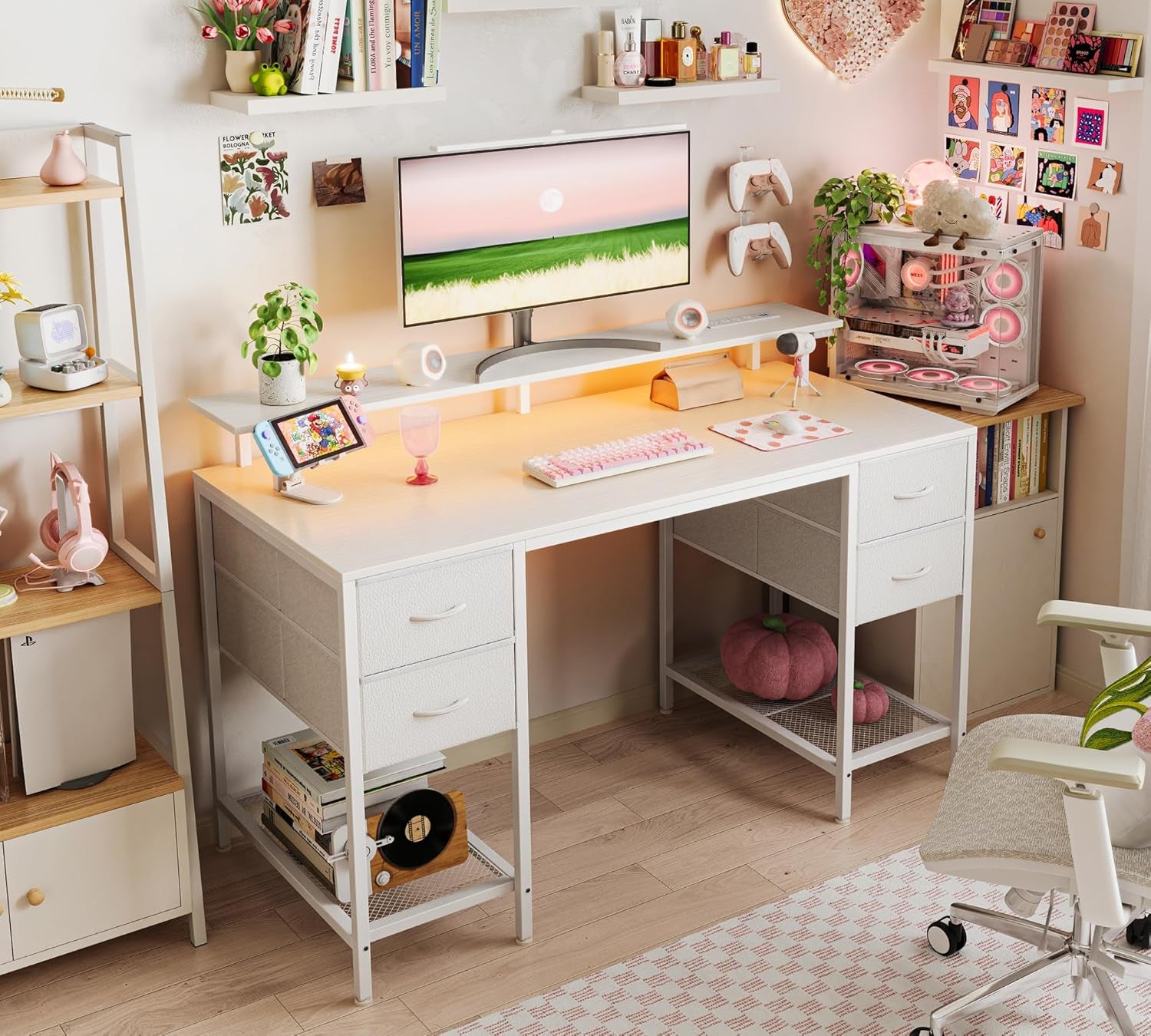 47-Inch Computer Desk with Four Drawers, LED Lighting, and Power Outlets - Spacious Home Office and Gaming Desk in White