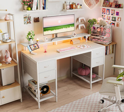 47-Inch Computer Desk with Four Drawers, LED Lighting, and Power Outlets - Spacious Home Office and Gaming Desk in White