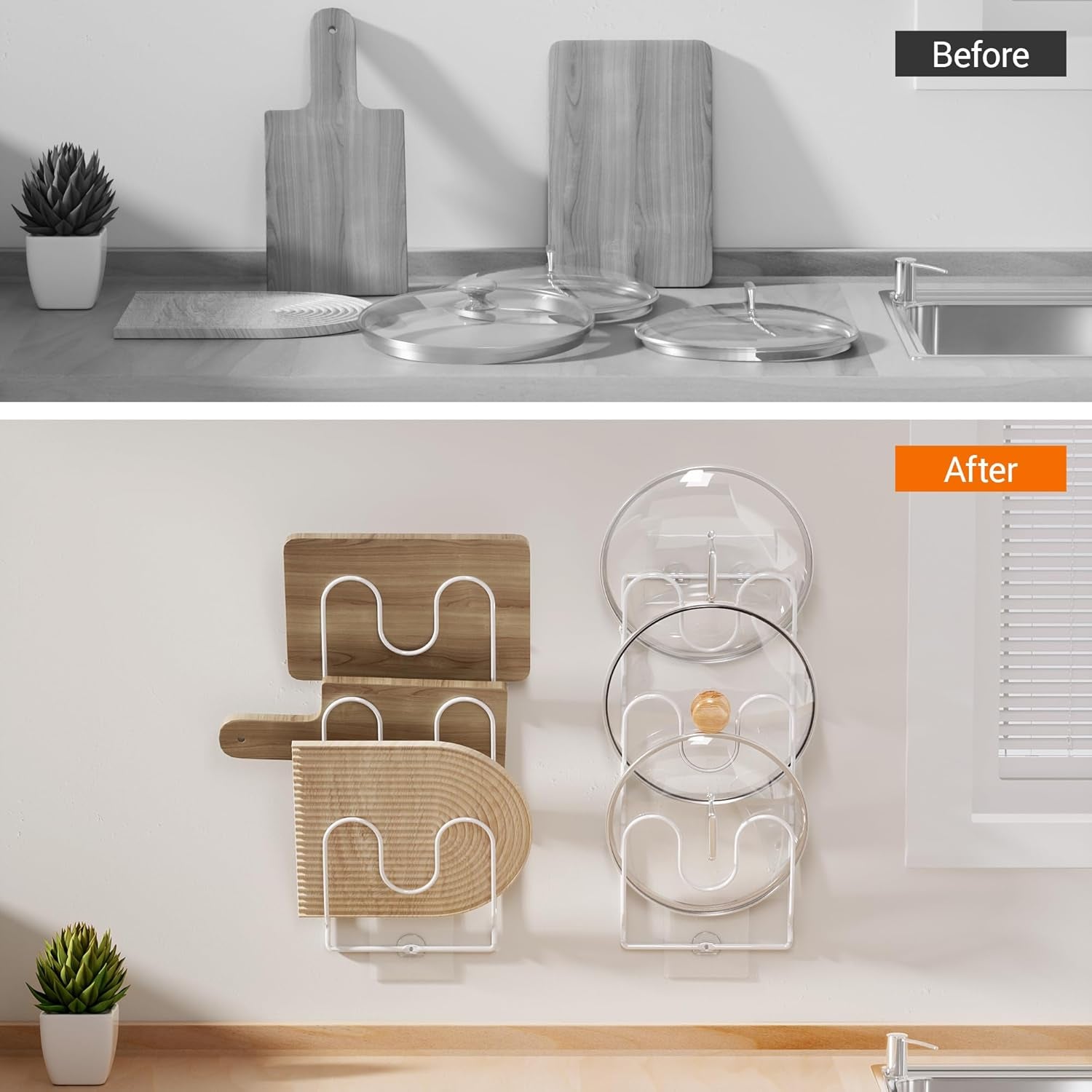 2 Pack Pot Lid Organizer Rack for Cabinet Door/Wall, 6-Tier Pot Lid Holders inside Cabinet Door, No Drilling Adhesive Wall/Door Mounted Rustproof Pots and Pans Lid Organizers for Kitchen Storage White