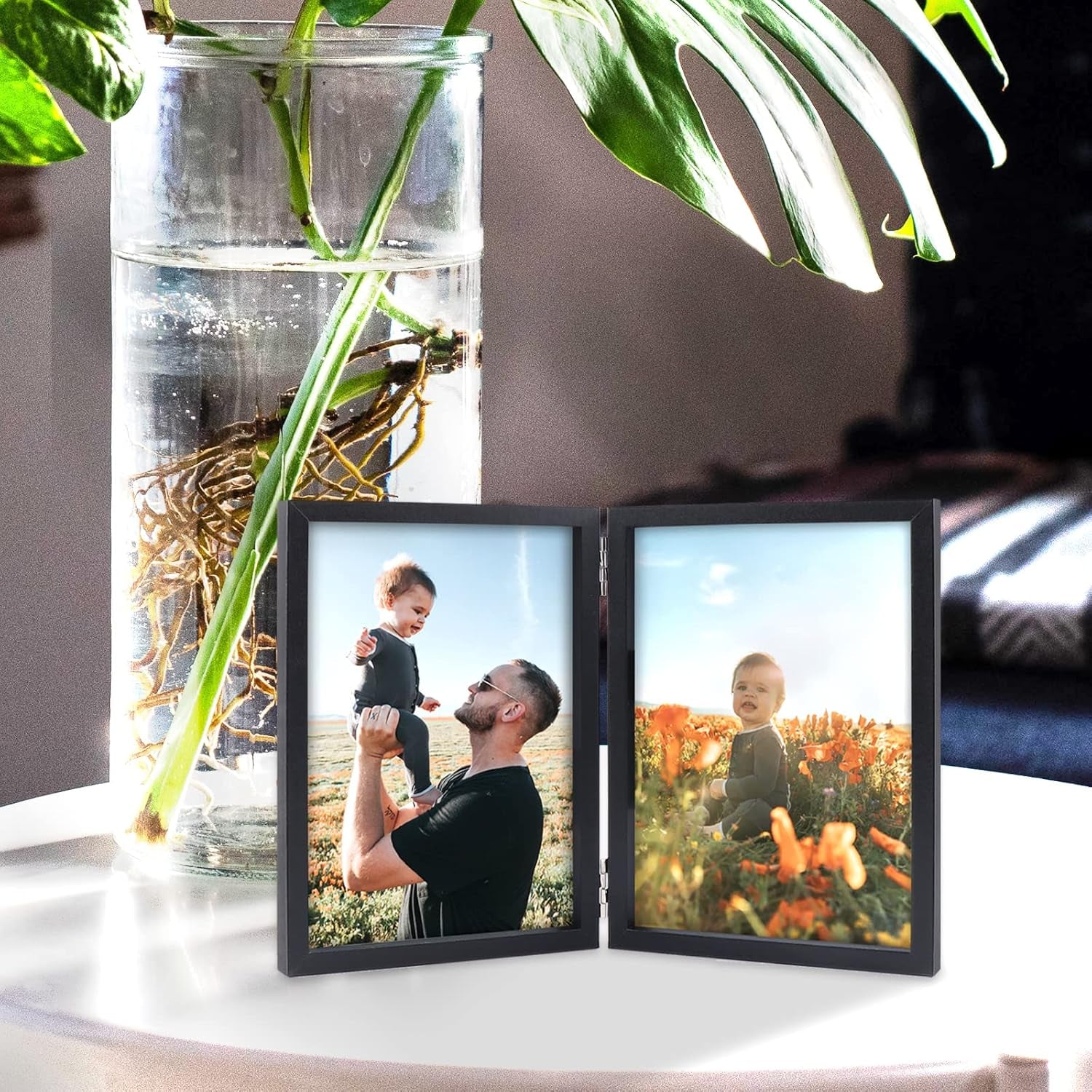 Set of Two 4x6 Double Hinged Folding Picture Frames with Glass Stand (Black)