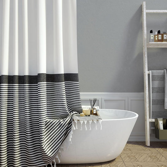 Modern Farmhouse Fabric Shower Curtain Boho Black and White Striped Cloth Bathroom Shower Curtain with Tassels, Hotel Luxury Decorative Shower Curtain Set with 12 Hooks - 72X72