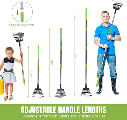 Small Leaf Rake, 8.5 Inch Wide Head with 11 Tines, Metal Garden Rake with Adjustable Handle 38.5 to 65 Inch for Gardening, Leaves, Weeds, Debris