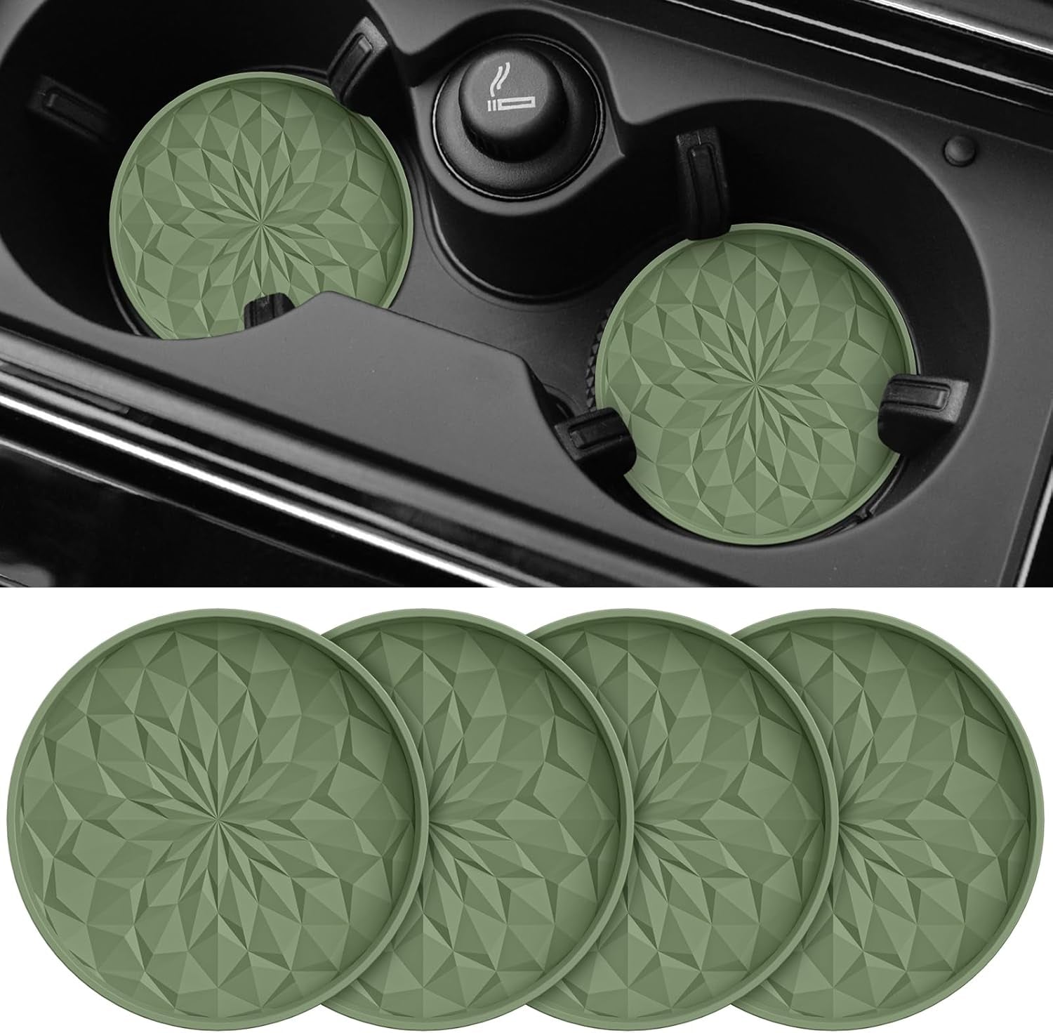 Car Coasters for Cup Holders [4 Pack] - 2.75In Silicone Auto Mug Mats - Universal Non-Slip Recessed Car Interior Accessoriesolive Green