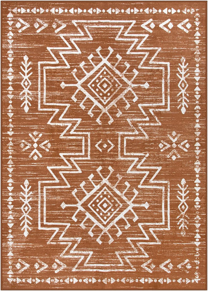 5X7 Boho Rugs for Living Room, Washable Bedroom Western Area Rug, Low Pile Soft Burnt Orange Carpet, Stain Resistant Distressed Fall Rug Aztec Carpets for Dining Room