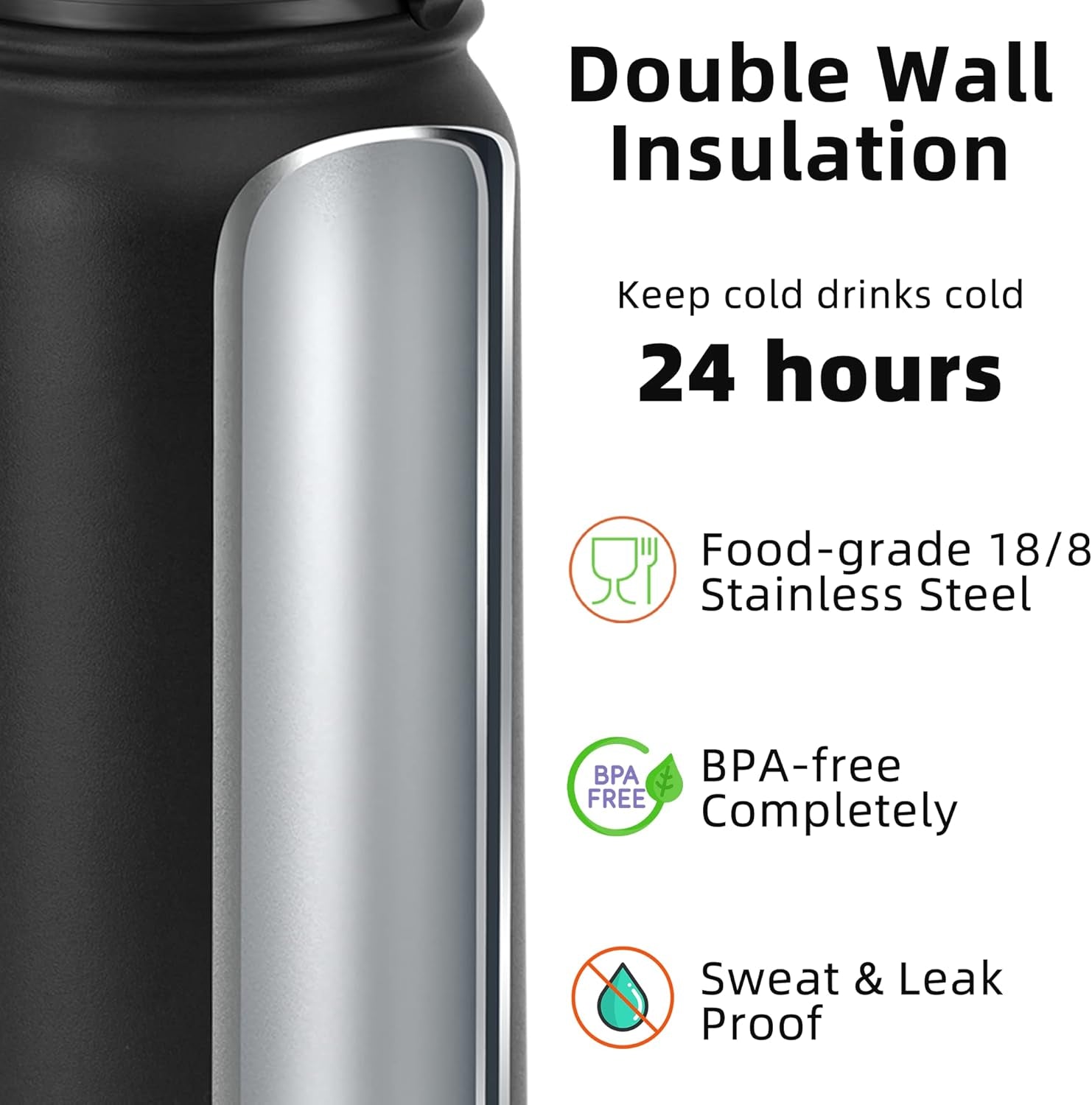 20 Oz Insulated Stainless Steel Vacuum Water Bottle with Anti-Dust Pop-Open Lid - for Kids, Women, Men | Leak & Sweat Proof (Black)