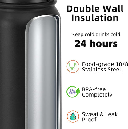 20 Oz Stainless Steel Insulated Sports Water Bottles with Straw for Kids, Men and Women (Black)