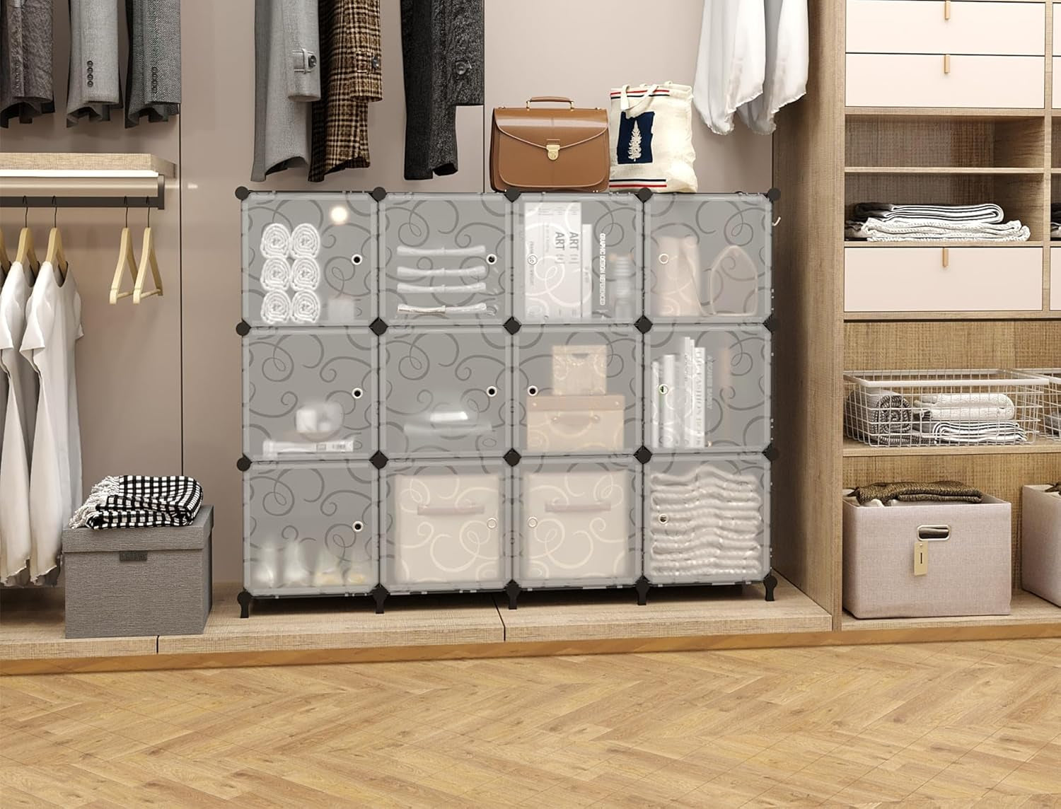 12 Cube Storage Organizer with Doors, DIY Plastic Closet Shelf, Modular Bookshelf, Stackable Shelving Rack for Bedroom, Living Room, Black ULPZ012