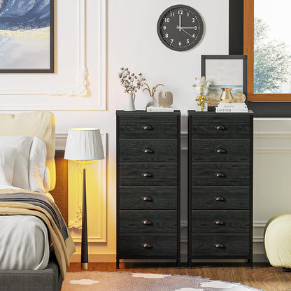 Elegant Tall Dresser with 6 Drawers and Vertical Bedside End Table - Black Storage Tower Nightstand with Fabric Drawer Organizer for Bedroom, Living Room, Closet, and Hallway