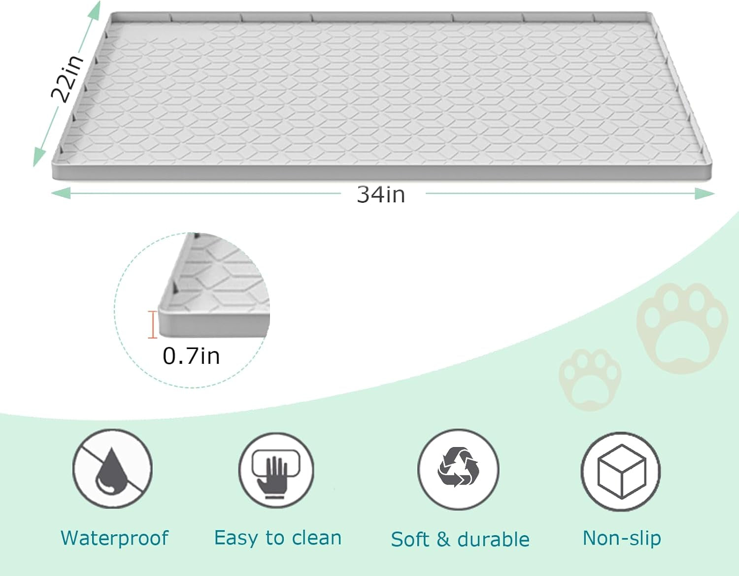 Cat Litter Mat for Litter Box, Silicone Large Cat Litter Trapping Mat - 34X22 In, Waterproof & Non-Slip, Durable & Easy Clean, Light Gray