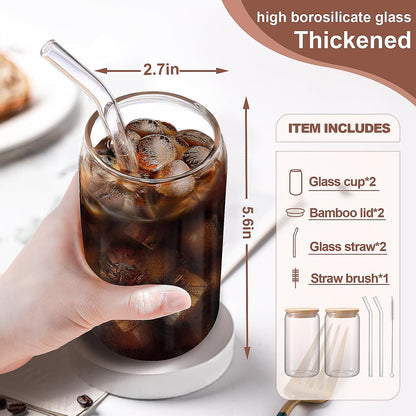 Iced Coffee Cups with Lids 2 Pcs,16 Oz Glass Cups with Lids and Straws as Coffee Bar Accessories,Beer Drinking Glasses,Reusable Glass Tumbler,Cute Coffee Cups for Coffee, Juice, Gifts