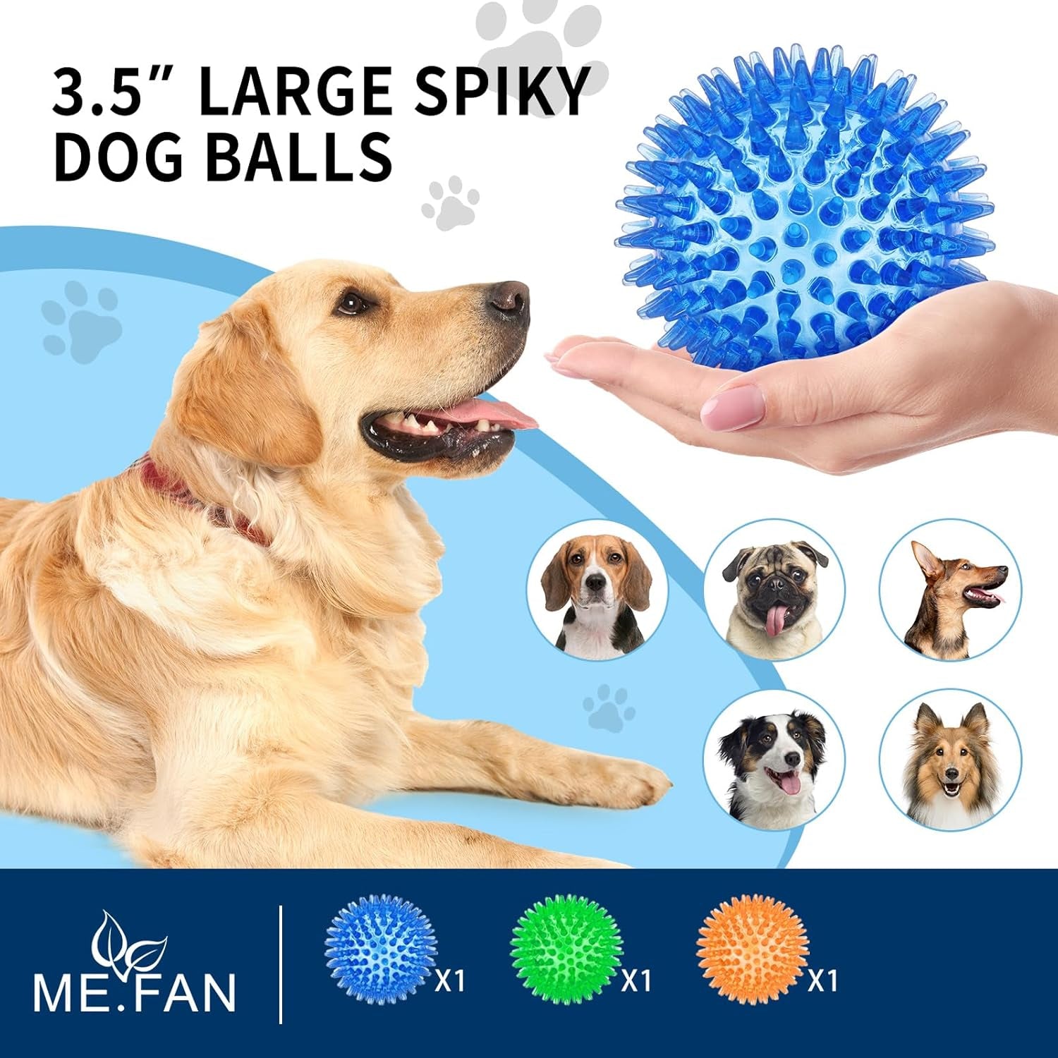 Squeaky Dog Toy Balls,3.5'' Spiky Dog Balls/Puppy Chew Toys for Cleaning Teeth and Gum Health/Squeaker Ball Toys for Aggressive Chewers 3 Pack [Blue Green Orange]