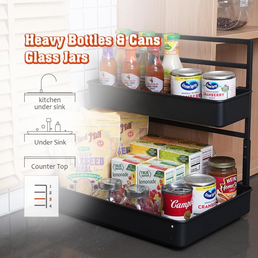 Height Adjustable 2 Tier Metal Pull Out Slide Shelf Organizer for under Sink Cabinets in Kitchen, Bathroom, with Snap-On Top Tray, 16" Deep (Black, 2 Sets)