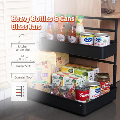 Height Adjustable 2 Tier Metal Pull Out Slide Shelf Organizer for under Sink Cabinets in Kitchen, Bathroom, with Snap-On Top Tray, 16" Deep (Black, 2 Sets)