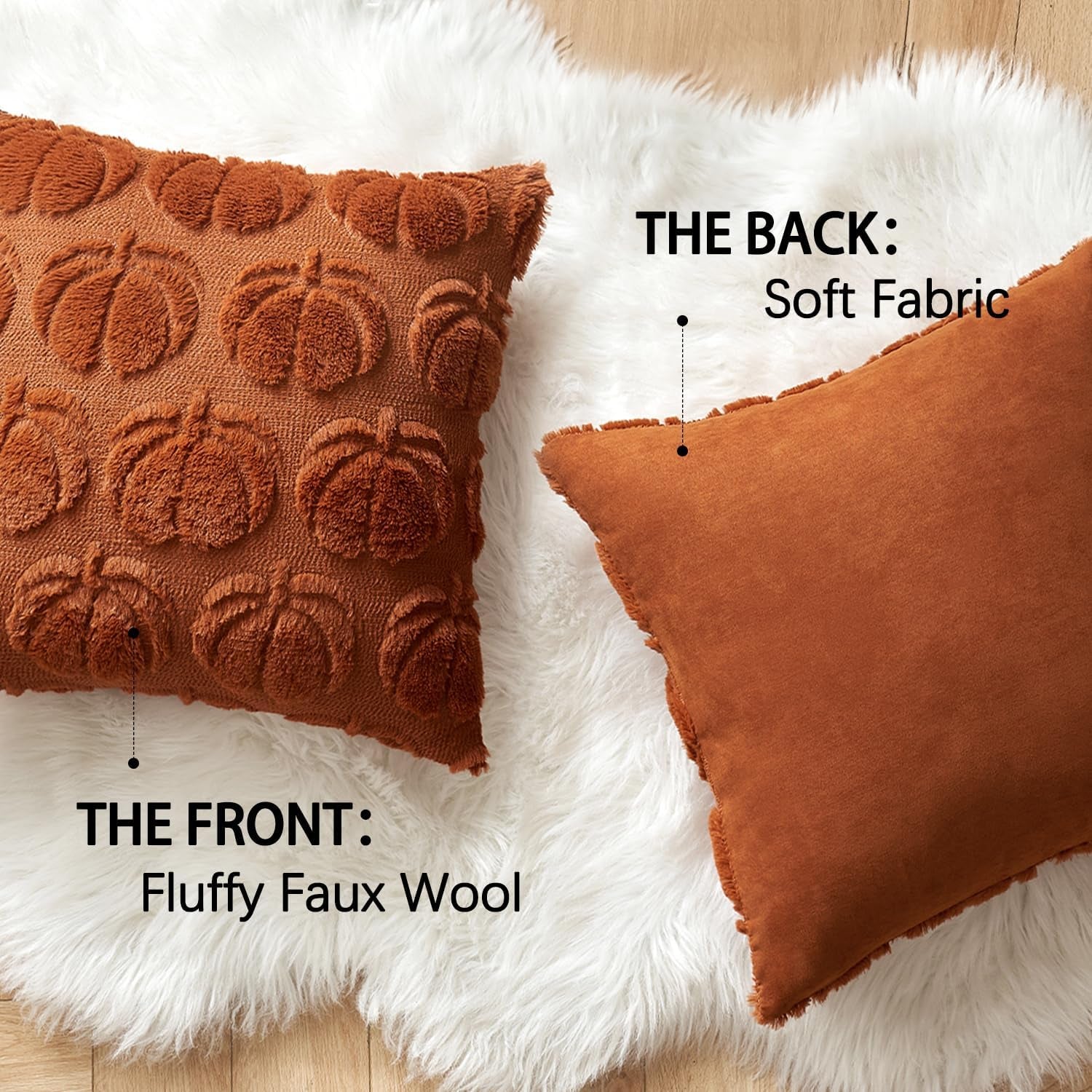 Fall Throw Pillow Covers 18X18 Set of 2 Autumn Decorations Dark Rust Pumpkin Accent Pillowcase for Outdoor Porch Sofa Couch Bed Living Room Plush Faux Fur Halloween Farmhouse Home Decor