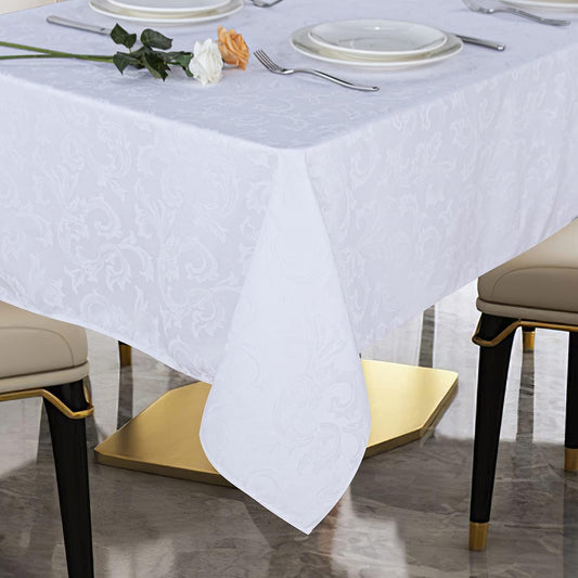 210GSM Solid Flower Jacquard Table Cloth - Heavy Duty Waterproof Wrinkle Free Microfiber Tablecloth, Decorative Fabric Table Cover for Outdoor and Indoor Use (White, Rectangle 52 X 70 Inch)