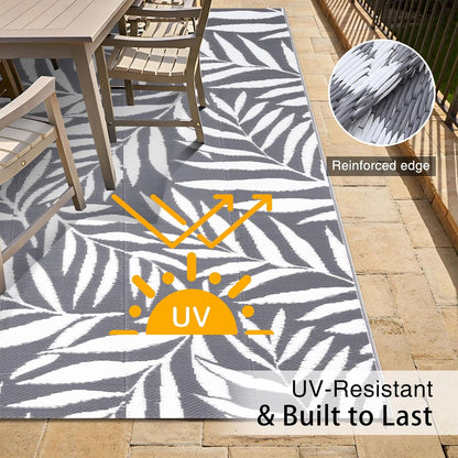 Waterproof Outdoor Rug 5X8 Ft, Reversible Outdoor Plastic Straw Rug with Leaf Pattern, RV Mat, Indoor Outdoor Carpet for Patio, Camping, Balcony, Deck, Backyard, Grey & White