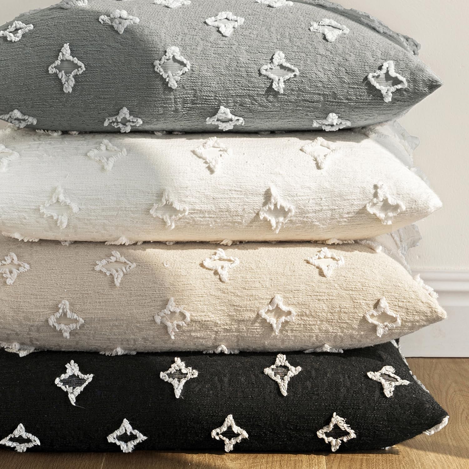 Set of 2 Decorative Throw Pillow Covers Rhombic Jacquard Pillowcase Soft Square Cushion Case for Couch Sofa Bed Bedroom Living Room, 18X18 Inch, Light Grey