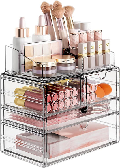 4-Tier Clear Makeup Organizer with Drawer, Acrylic Cosmetic Display Case for Makeup Vanity Bathroom Counter Organizers and Storage, Stackable Vanity Organizer for Brushes Lipsticks Skincare