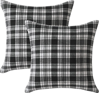 Scottish Tartan Plaid Throw Pillow Covers - Set of 2, 18x18 Inch Black and White Decorative Cushions for Farmhouse Style Outdoor Halloween and Thanksgiving Decor