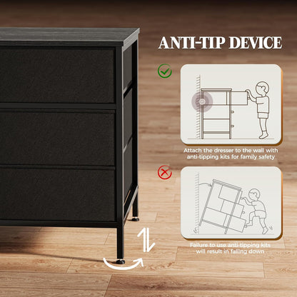 63-Inch Charcoal Black Wood Grain Dresser with 10 Fabric Drawers - Versatile Storage Solution for Bedroom and Living Room, Accommodates 55 to 70 Inch TVs