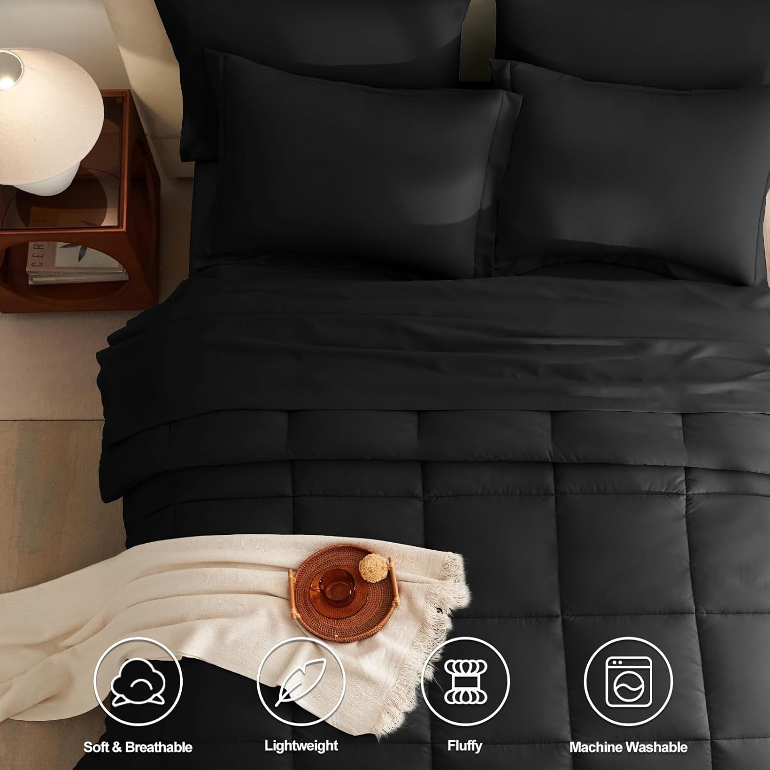 Black Queen Comforter Set with Sheets - 7 Pieces Bed in a Bag Queen Bedding Sets, All Season Soft 7PC Bed Set with Black Comforter, Flat Sheet, Fitted Sheet, Pillowcases & Pillow Shams