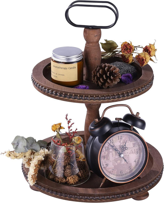 Wooden Decorative Tray Two Tiered Tray Decorations round Serving Tray with Metal Handle, Wooden Cupcake Stand for Party Tiered Dessert Stand - Dark Brown Farmhouse Wood Tray
