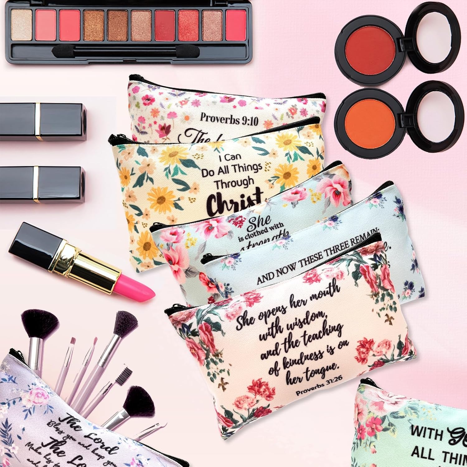 10 Pcs Christian Makeup Bag Bible Pencil Pouch Bible Cover Floral Cosmetic Bags Bulk Inspirational Religious Gifts for Women Return Christmas Church Gifts Baby Shower Prizes Canvas Makeup Bags in Bulk
