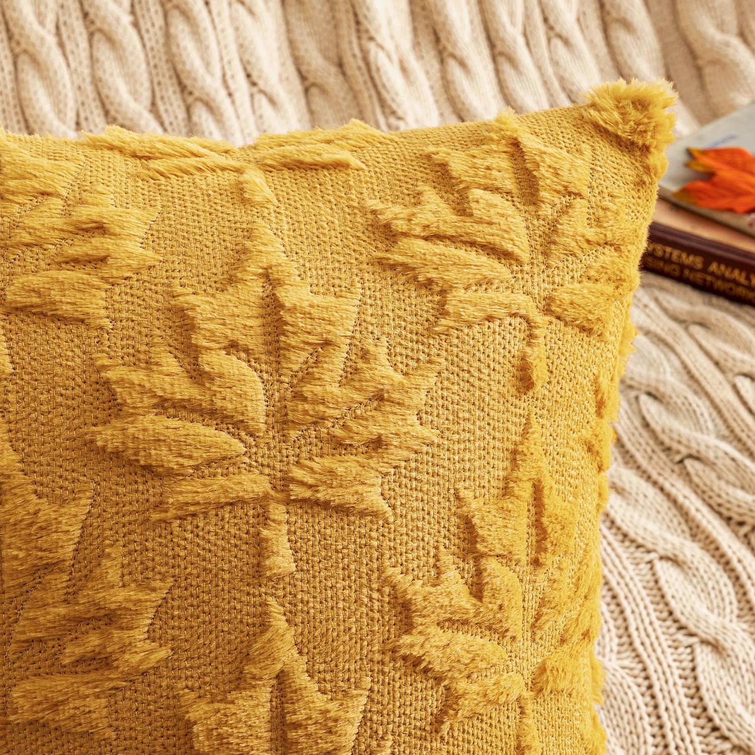 Mustard Yellow Fall Throw Pillow Covers 20x20 - Set of 2 Decorative Hollow Maple Leaf Accent Pillows in Soft Plush Faux Wool for Autumn Home Decor and Holiday Bedroom Use