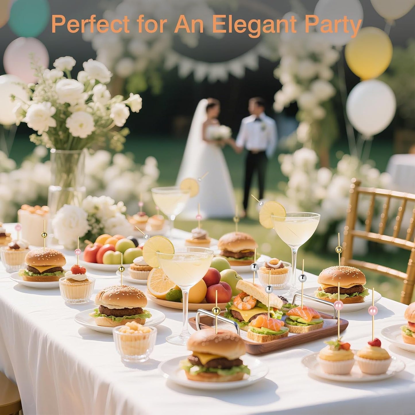 200 Cocktail Picks, Decorative Pearl Fancy Toothpicks for Appetizers, 4.7 in Long Bamboo Skewers Wood Garnish Sticks for Food Drink Fruit Party Charcuterie Boards Accessories (Gold/White/Pink/Silver)