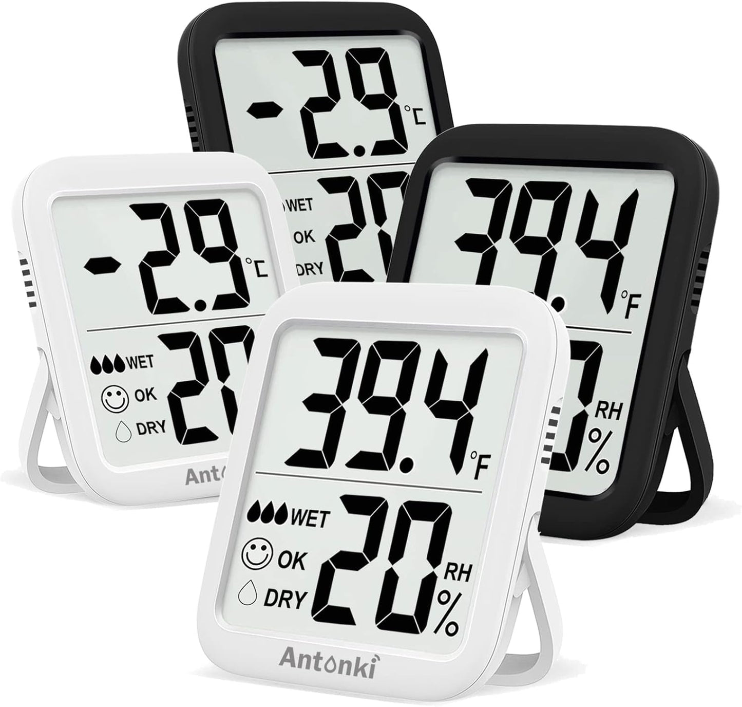 Pack of 4  Room Thermometer Indoor Hygrometer, Humidity Gauge, Humidity Meter, Digital Temperature and Humidity Monitors for Home, Baby Room, Terrarium, Incubator - 4 Pack (2 White+2 Black)
