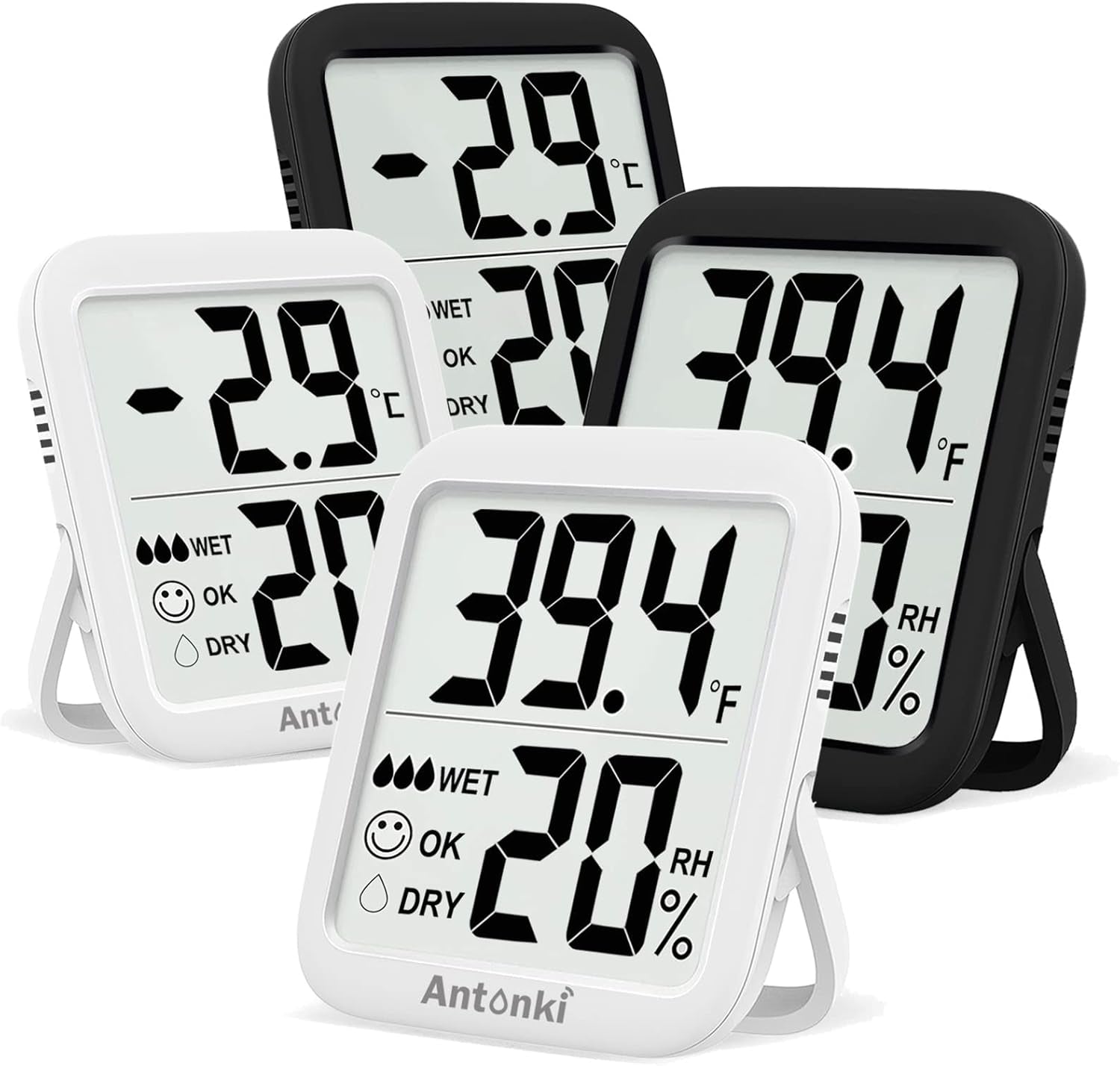 Pack of 4  Room Thermometer Indoor Hygrometer, Humidity Gauge, Humidity Meter, Digital Temperature and Humidity Monitors for Home, Baby Room, Terrarium, Incubator - 4 Pack (2 White+2 Black)