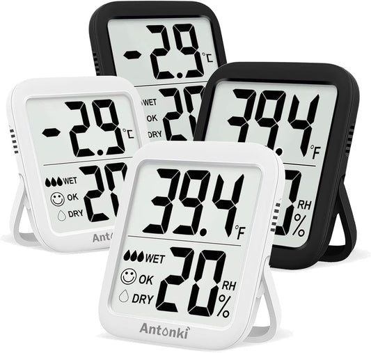 Pack of 4  Room Thermometer Indoor Hygrometer, Humidity Gauge, Humidity Meter, Digital Temperature and Humidity Monitors for Home, Baby Room, Terrarium, Incubator - 4 Pack (2 White+2 Black)