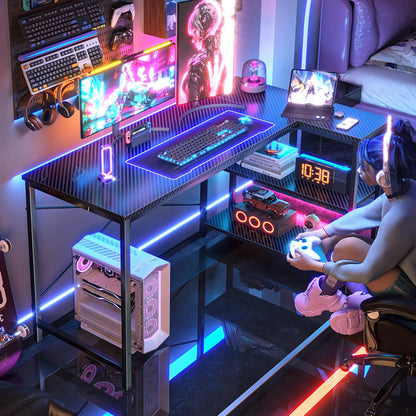 L-Shaped 47-Inch Gaming and Home Office Desk with Reversible Storage Shelves and Metal Frame in Carbon Fiber Black