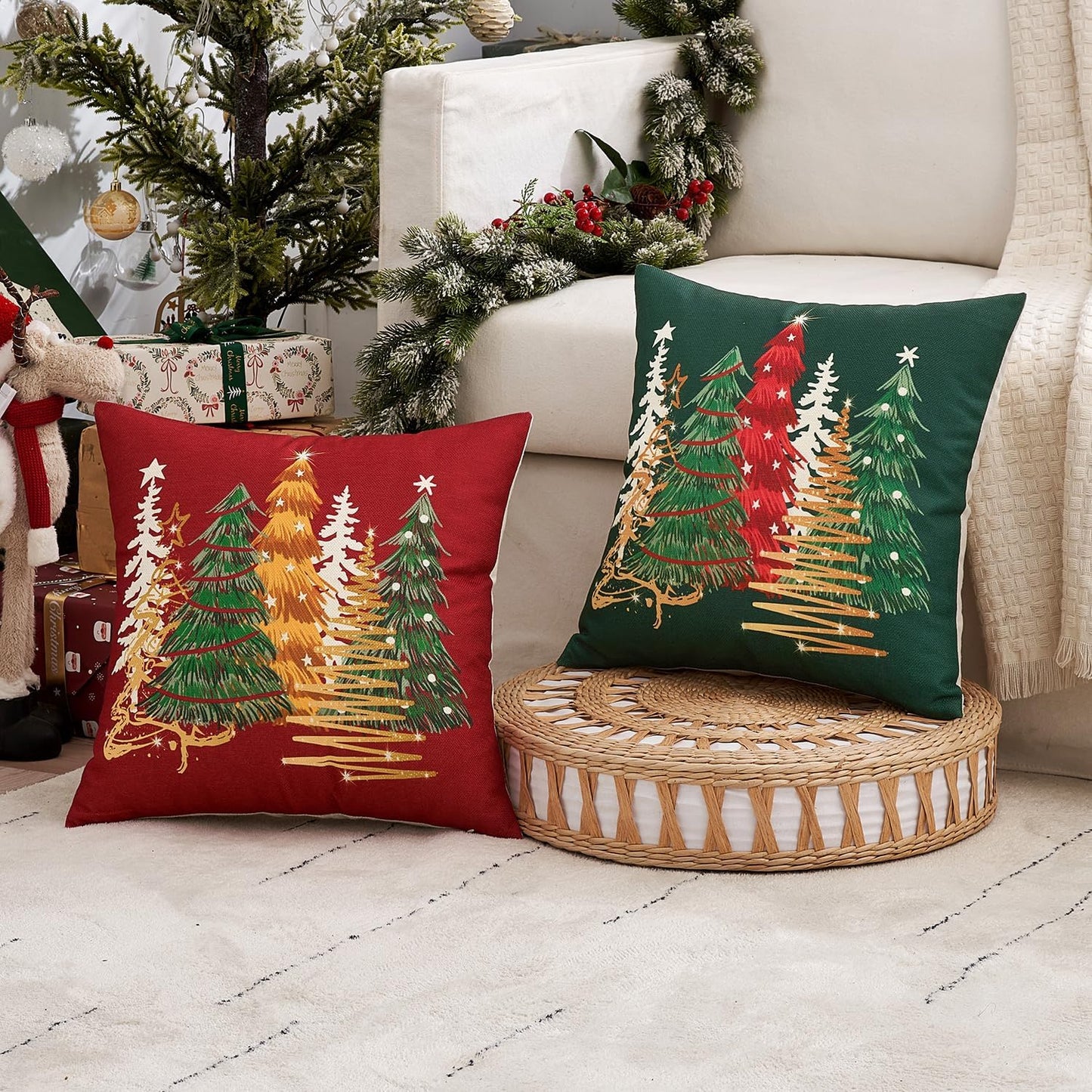 Set of 1 Holiday Christmas Red Decorative Pillow Cover 18X18 Inch Christmas Tree Festivals Throw Pillow Case Winter Seasonal Cushion Case Home Decors for Sofa Couch Bedroom