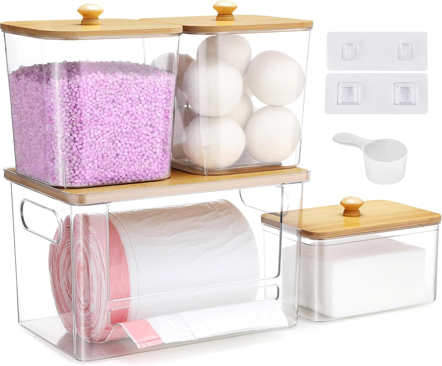 4 Pcs Extra Large Trash Bag Dispenser & Laundry Containers, Wall Mounted Clear Laundry Pods Container Dryer Sheet Holder with Lids for Laundry Room Organization and Storage